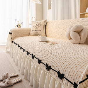 Ruffled Sofa Cover with Bowknot Decor, French Country Style Skirted Couch Slipcover