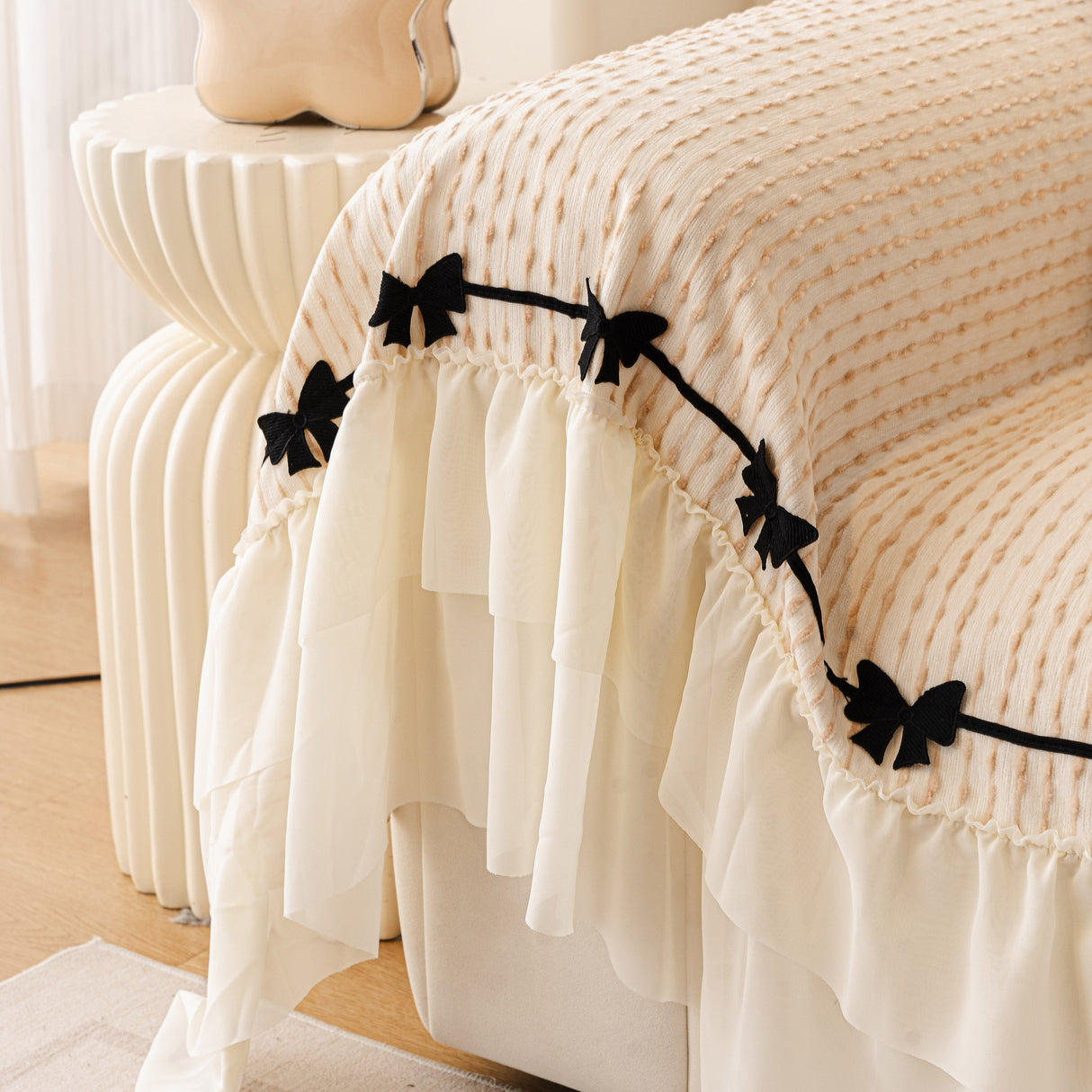 Ruffled Sofa Cover with Bowknot Decor, French Country Style Skirted Couch Slipcover