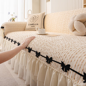 Ruffled Sofa Cover with Bowknot Decor, French Country Style Skirted Couch Slipcover