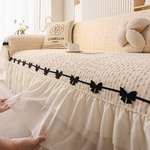 Ruffled Sofa Cover with Bowknot Decor, French Country Style Skirted Couch Slipcover