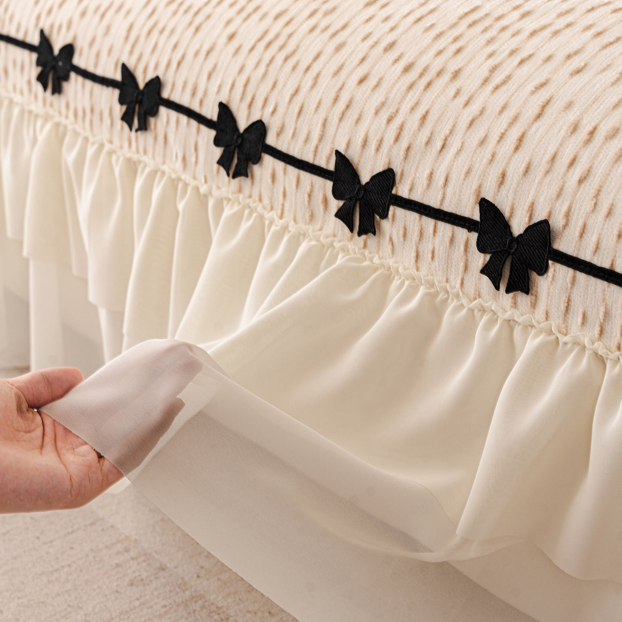 Ruffled Sofa Cover with Bowknot Decor, French Country Style Skirted Couch Slipcover