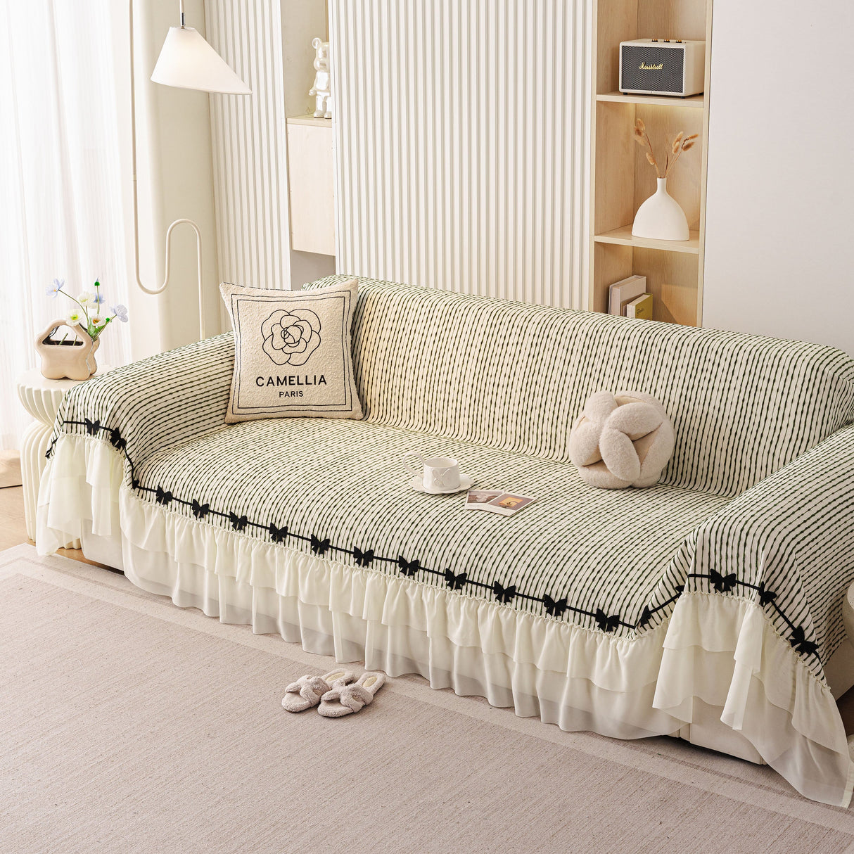 Ruffled Sofa Cover with Bowknot Decor, French Country Style Skirted Couch Slipcover