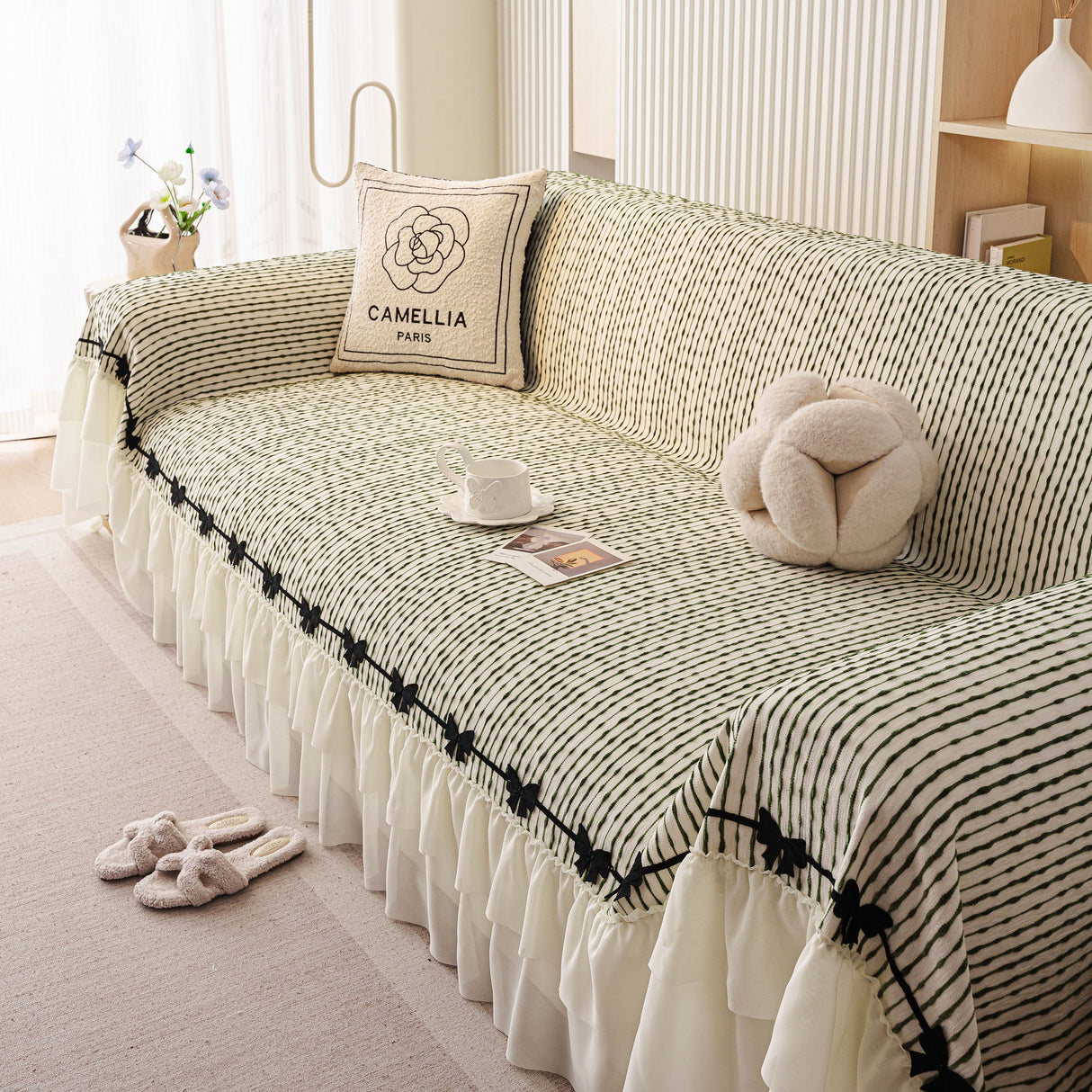 Ruffled Sofa Cover with Bowknot Decor, French Country Style Skirted Couch Slipcover