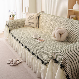 Ruffled Sofa Cover with Bowknot Decor, French Country Style Skirted Couch Slipcover
