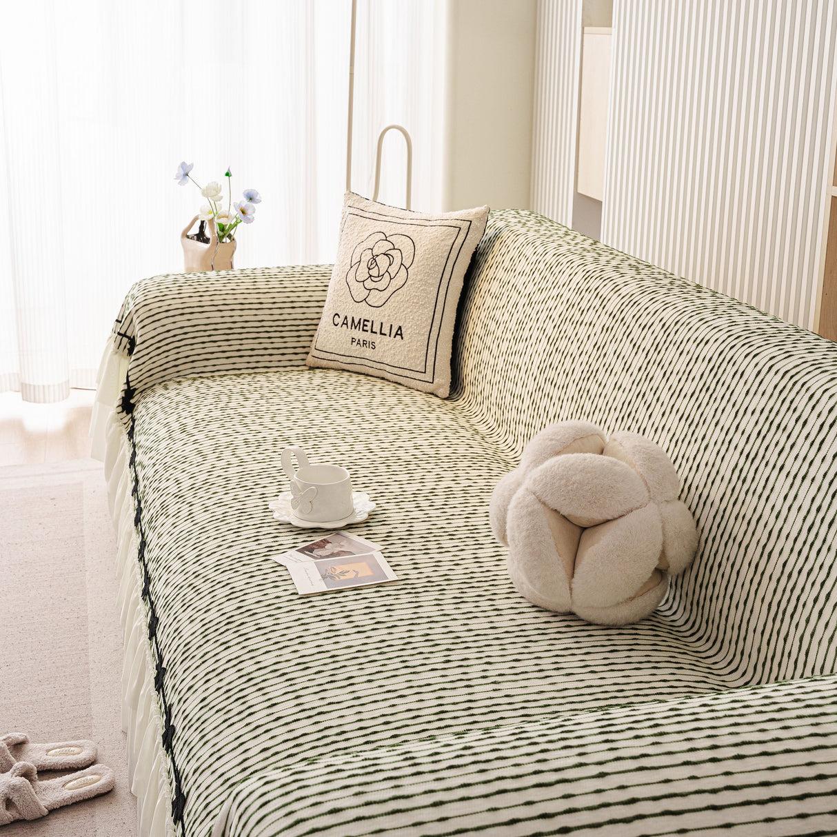 Ruffled Sofa Cover with Bowknot Decor, French Country Style Skirted Couch Slipcover