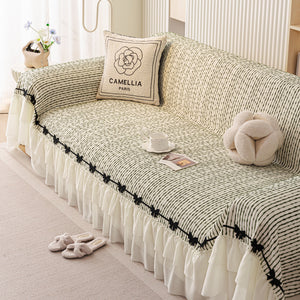 Ruffled Sofa Cover with Bowknot Decor, French Country Style Skirted Couch Slipcover