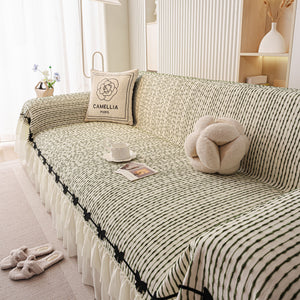 Ruffled Sofa Cover with Bowknot Decor, French Country Style Skirted Couch Slipcover