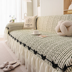 Ruffled Sofa Cover with Bowknot Decor, French Country Style Skirted Couch Slipcover