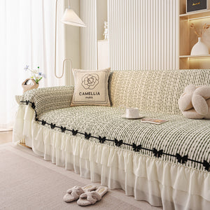 Ruffled Sofa Cover with Bowknot Decor, French Country Style Skirted Couch Slipcover