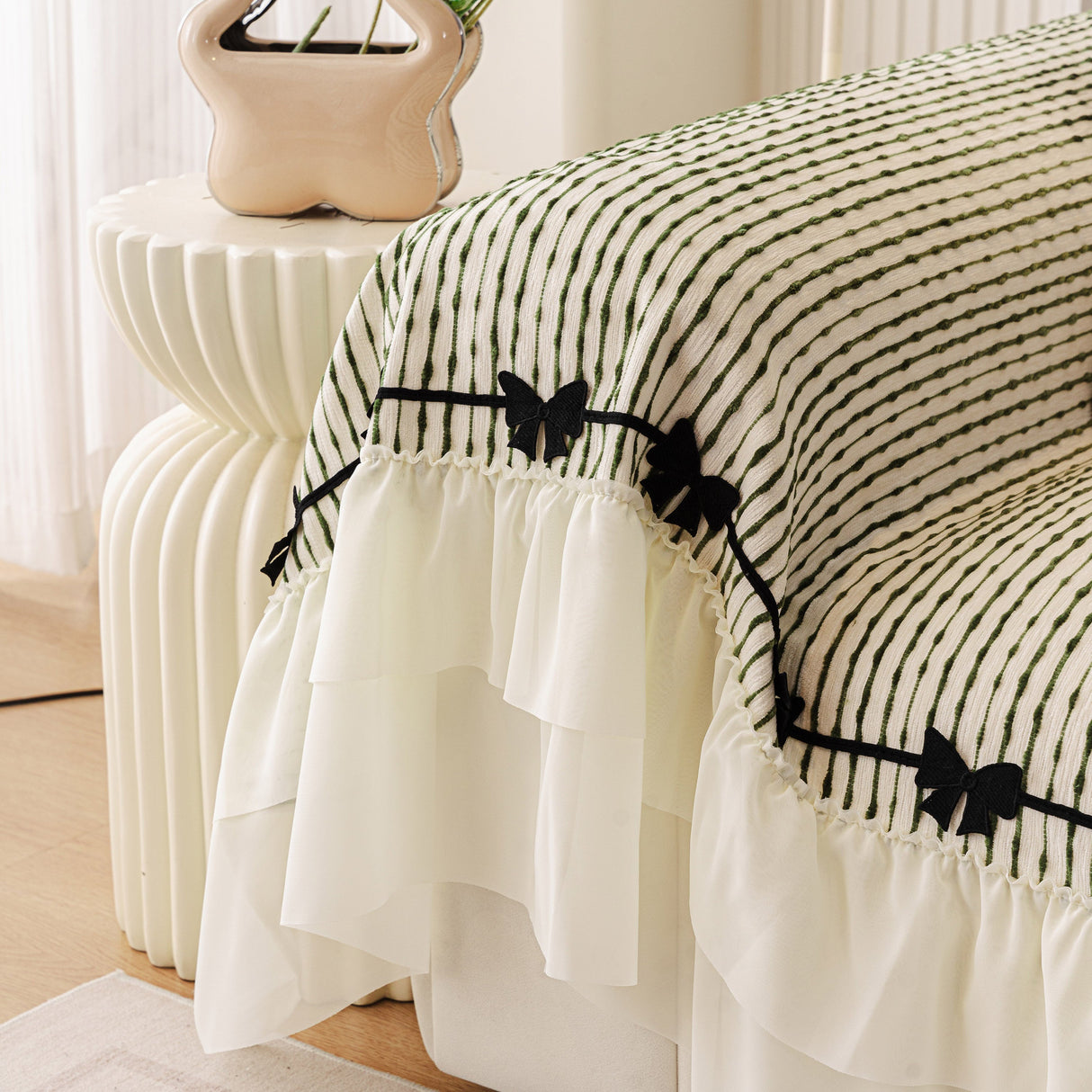 Ruffled Sofa Cover with Bowknot Decor, French Country Style Skirted Couch Slipcover