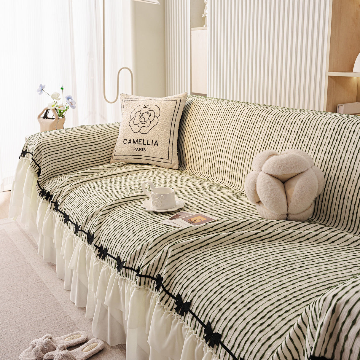 Ruffled Sofa Cover with Bowknot Decor, French Country Style Skirted Couch Slipcover