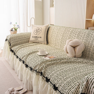 Ruffled Sofa Cover with Bowknot Decor, French Country Style Skirted Couch Slipcover