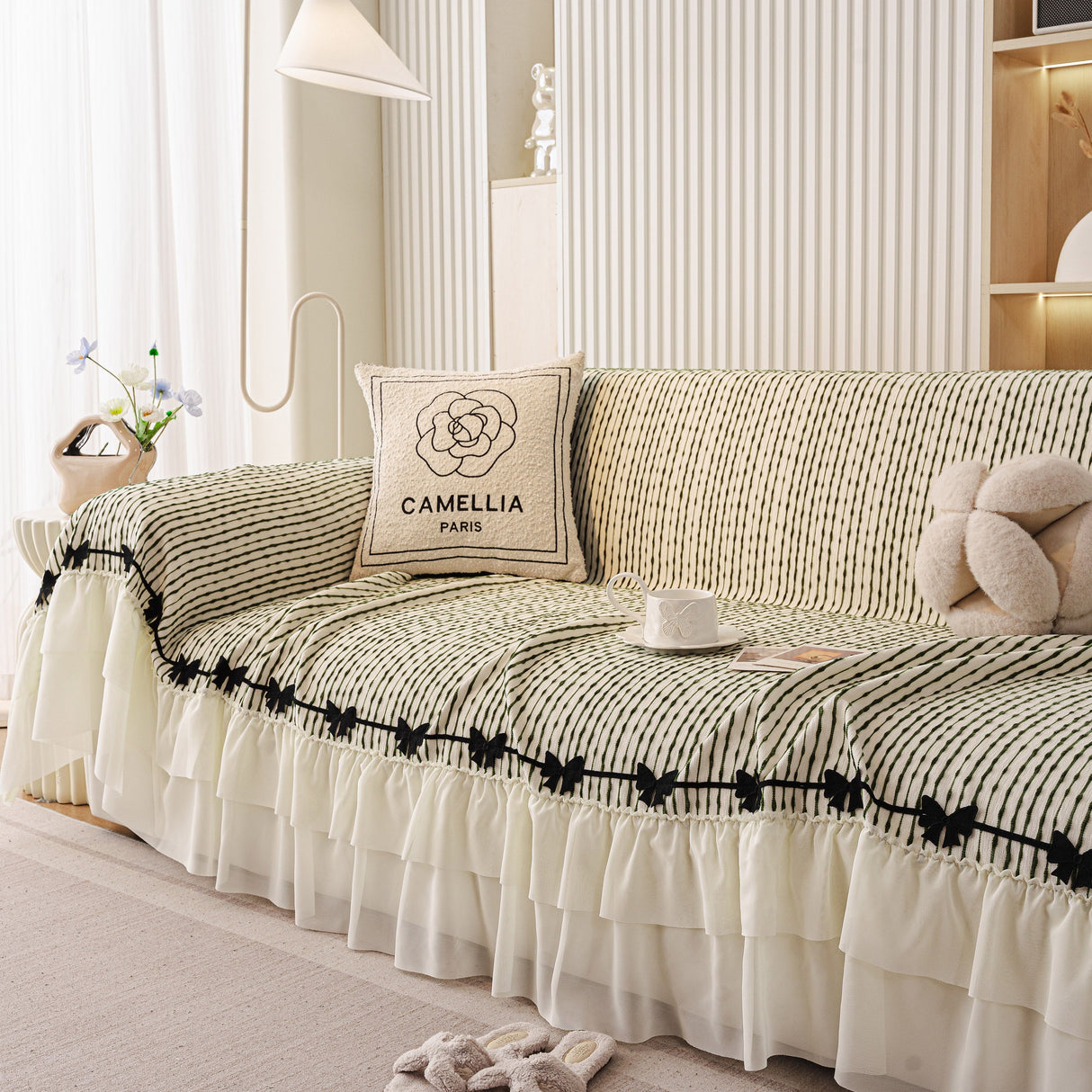 Ruffled Sofa Cover with Bowknot Decor, French Country Style Skirted Couch Slipcover