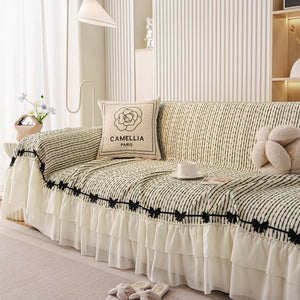 Ruffled Sofa Cover with Bowknot Decor, French Country Style Skirted Couch Slipcover