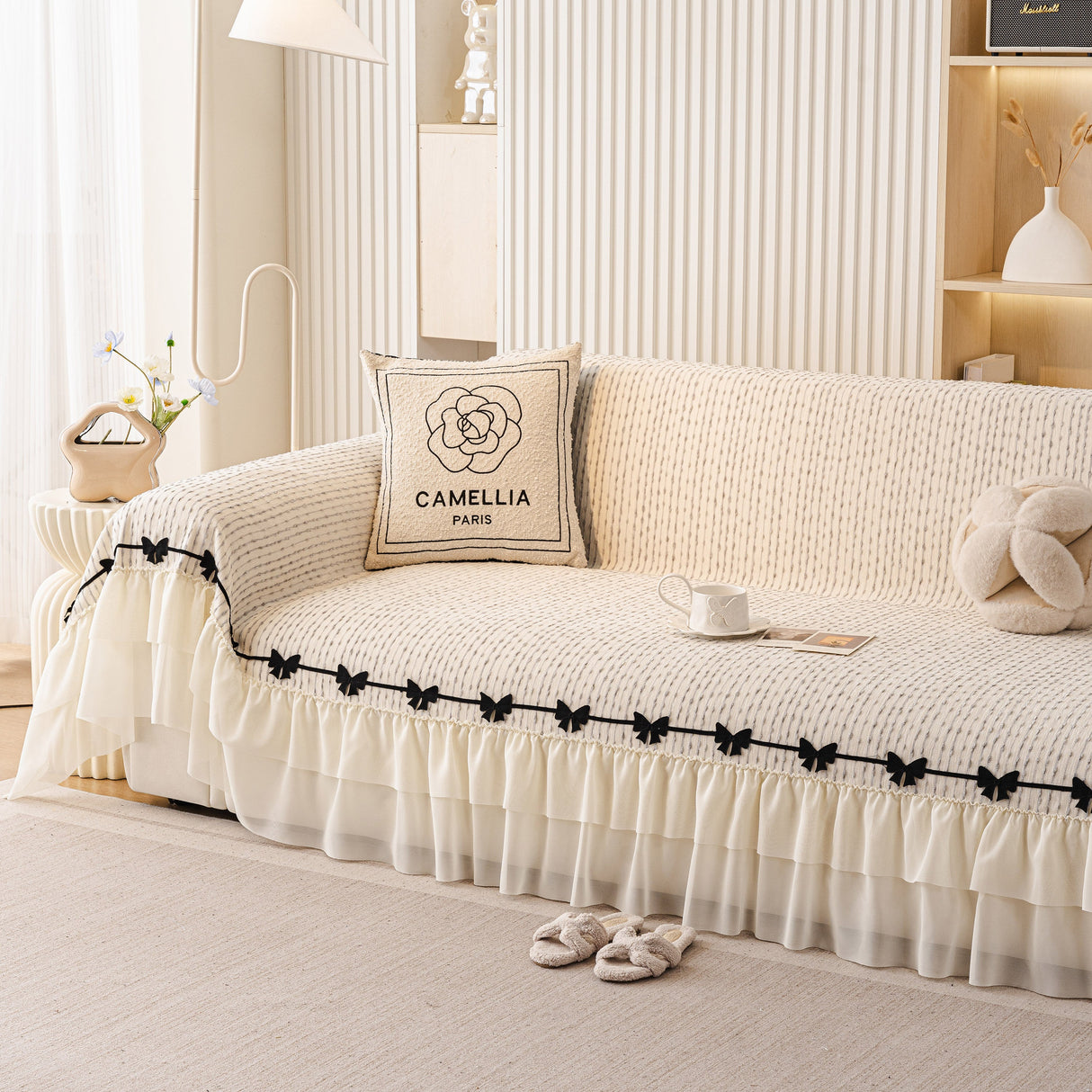 Ruffled Sofa Cover with Bowknot Decor, French Country Style Skirted Couch Slipcover