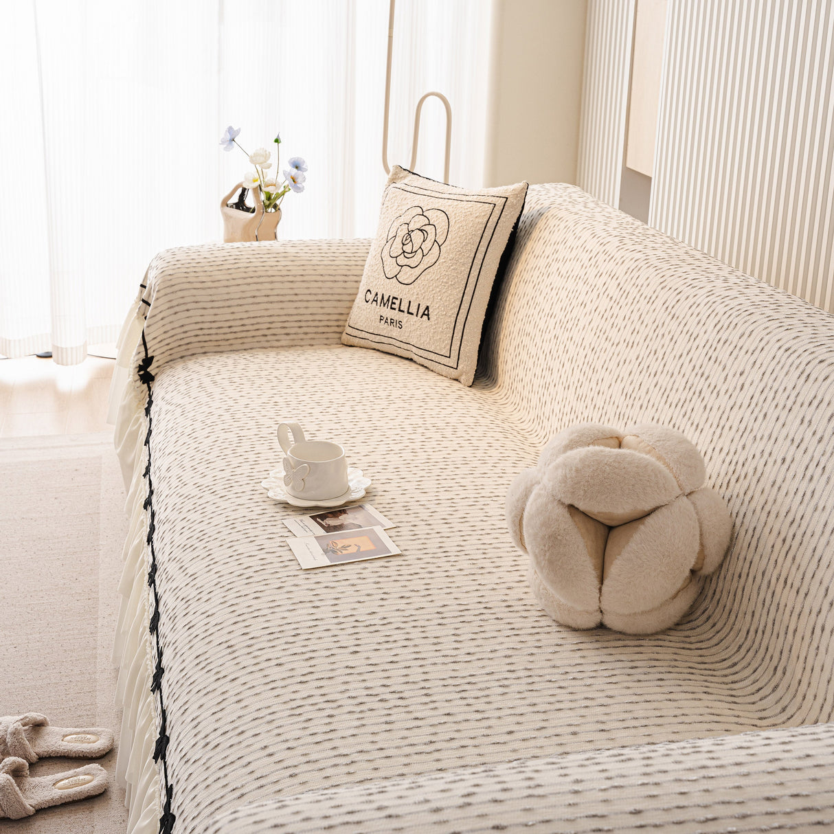 Ruffled Sofa Cover with Bowknot Decor, French Country Style Skirted Couch Slipcover