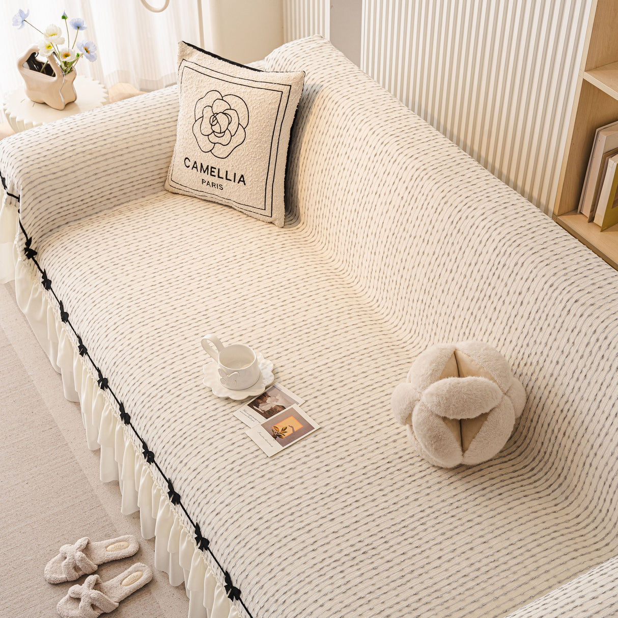 Ruffled Sofa Cover with Bowknot Decor, French Country Style Skirted Couch Slipcover