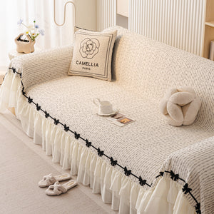 Ruffled Sofa Cover with Bowknot Decor, French Country Style Skirted Couch Slipcover