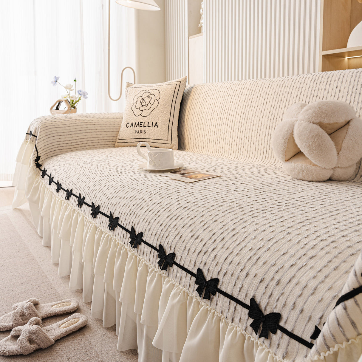 Ruffled Sofa Cover with Bowknot Decor, French Country Style Skirted Couch Slipcover