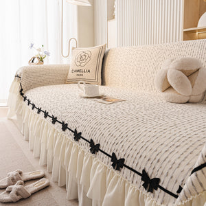 Ruffled Sofa Cover with Bowknot Decor, French Country Style Skirted Couch Slipcover