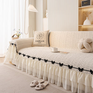 Ruffled Sofa Cover with Bowknot Decor, French Country Style Skirted Couch Slipcover