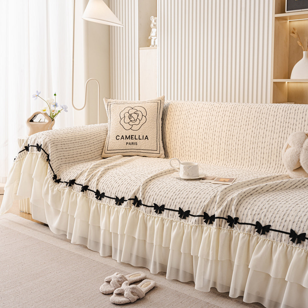 Ruffled Sofa Cover with Bowknot Decor, French Country Style Skirted Couch Slipcover