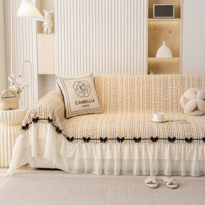 Ruffled Sofa Cover with Bowknot Decor, French Country Style Skirted Couch Slipcover