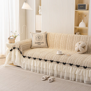 Ruffled Sofa Cover with Bowknot Decor, French Country Style Skirted Couch Slipcover