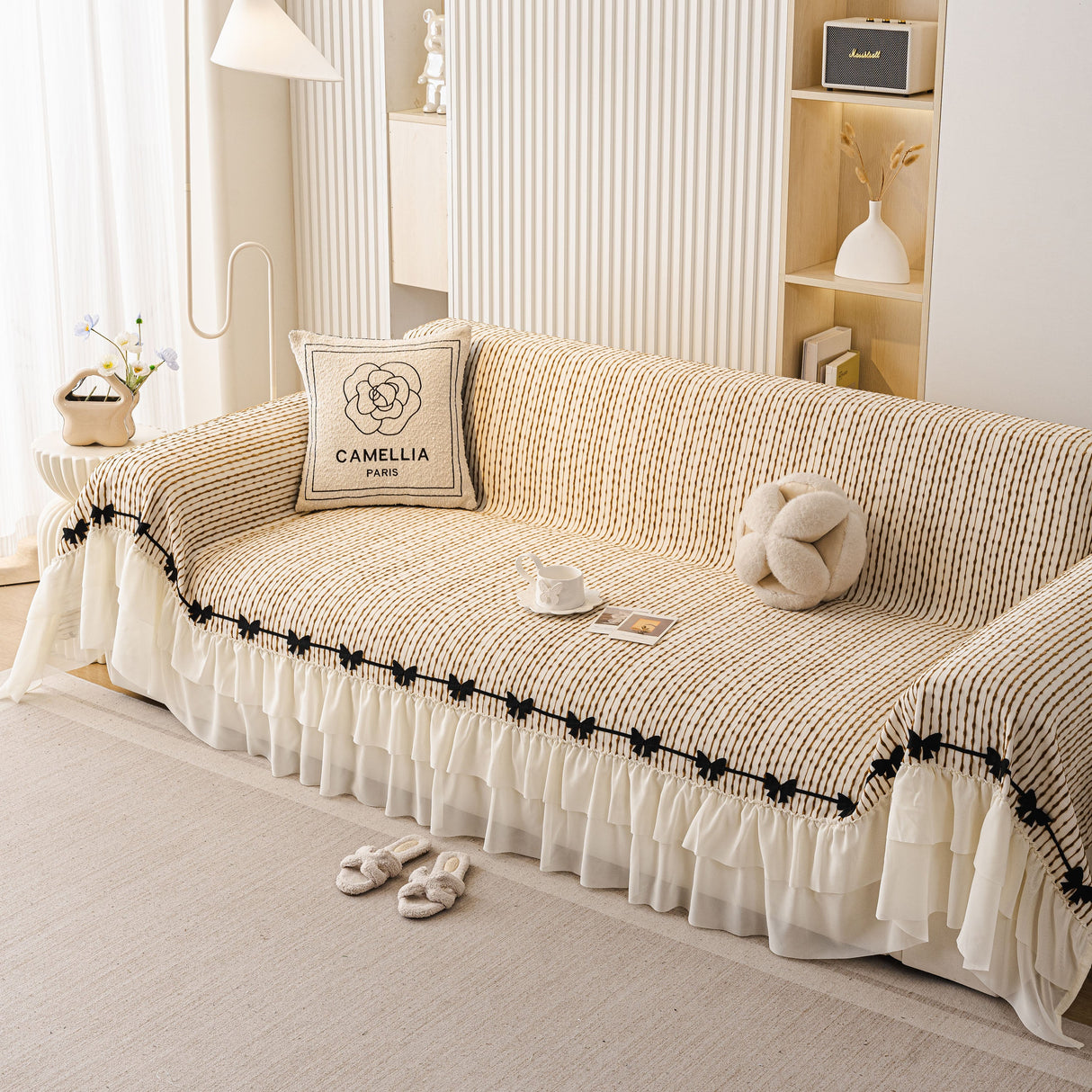 Ruffled Sofa Cover with Bowknot Decor, French Country Style Skirted Couch Slipcover
