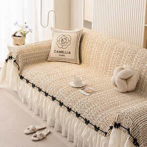 Ruffled Sofa Cover with Bowknot Decor, French Country Style Skirted Couch Slipcover