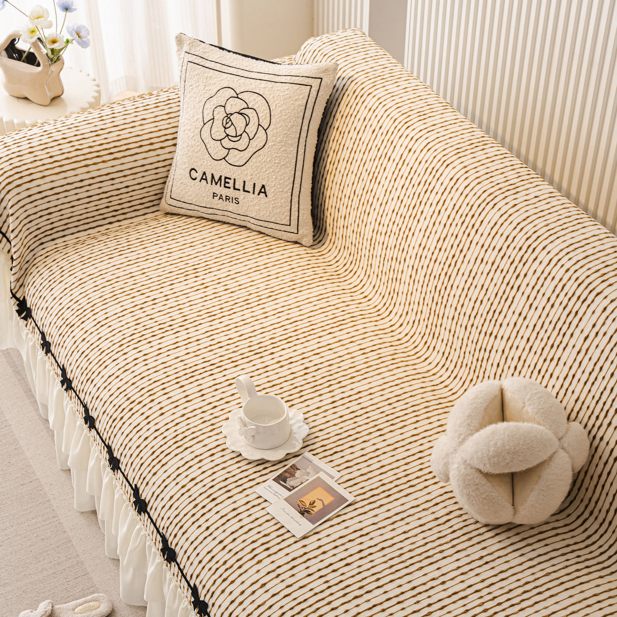 Ruffled Sofa Cover with Bowknot Decor, French Country Style Skirted Couch Slipcover