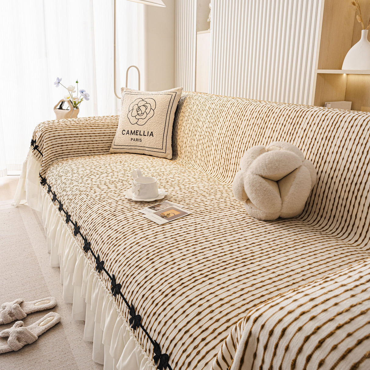 Ruffled Sofa Cover with Bowknot Decor, French Country Style Skirted Couch Slipcover