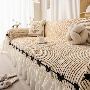 Ruffled Sofa Cover with Bowknot Decor, French Country Style Skirted Couch Slipcover