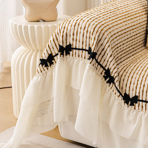 Ruffled Sofa Cover with Bowknot Decor, French Country Style Skirted Couch Slipcover