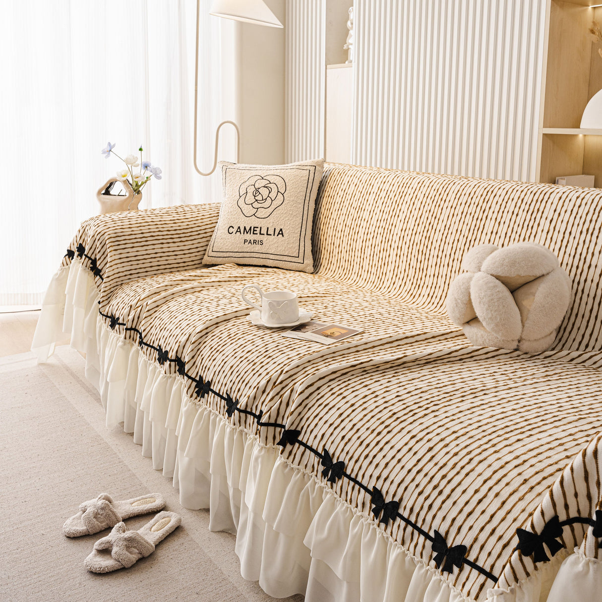 Ruffled Sofa Cover with Bowknot Decor, French Country Style Skirted Couch Slipcover