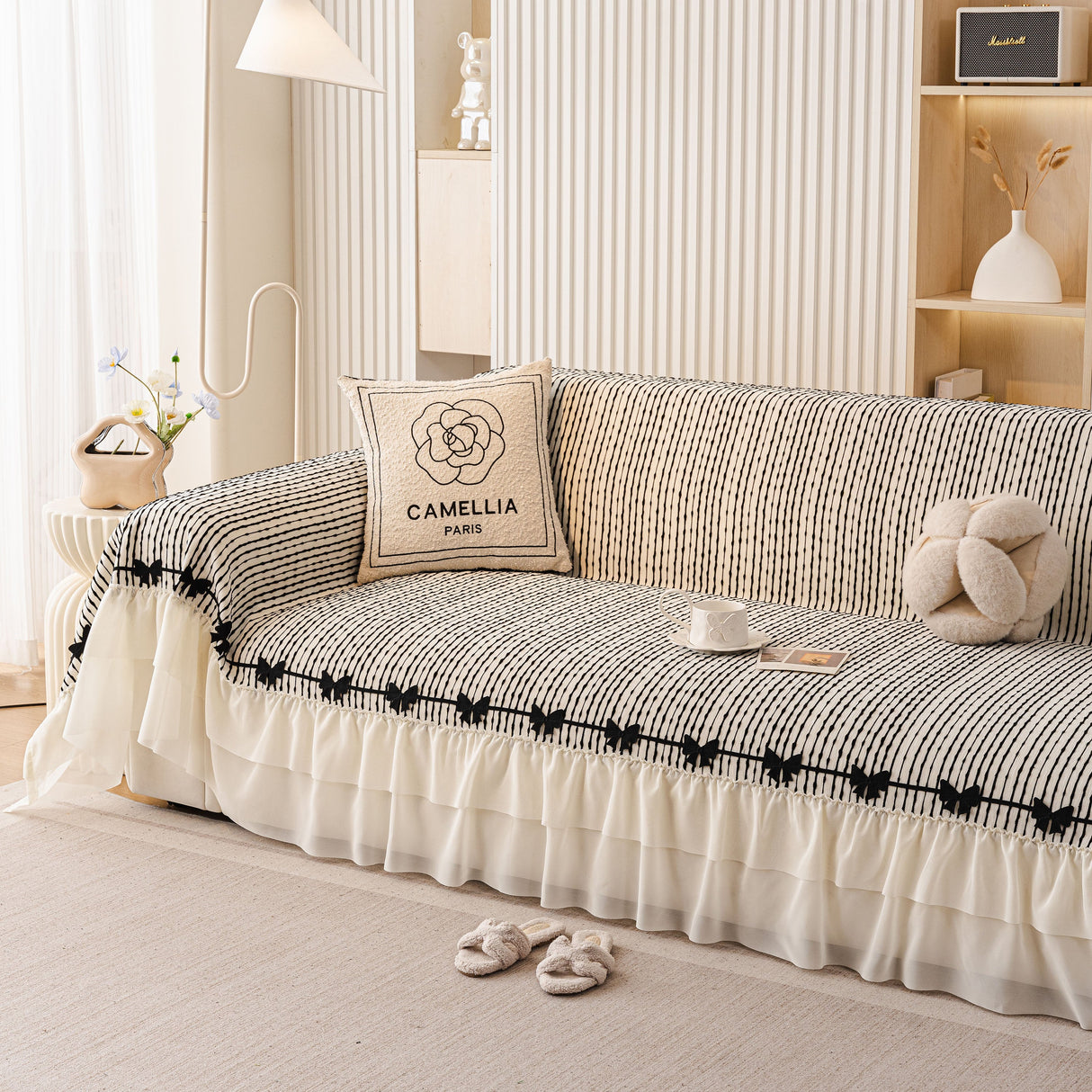 Ruffled Sofa Cover with Bowknot Decor, French Country Style Skirted Couch Slipcover