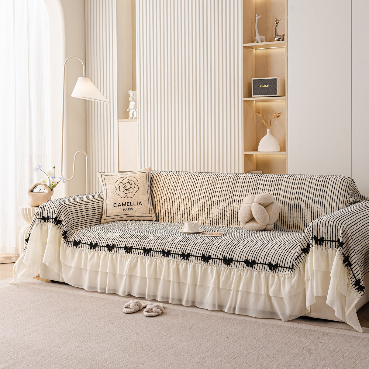 Ruffled Sofa Cover with Bowknot Decor, French Country Style Skirted Couch Slipcover