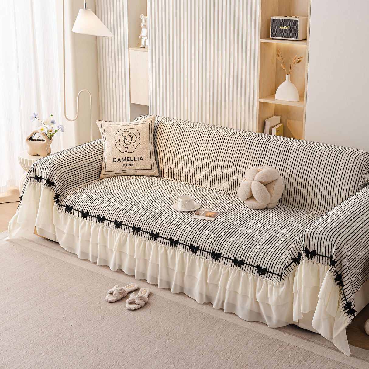 Ruffled Sofa Cover with Bowknot Decor, French Country Style Skirted Couch Slipcover