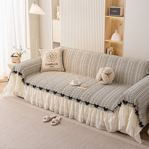 Ruffled Sofa Cover with Bowknot Decor, French Country Style Skirted Couch Slipcover