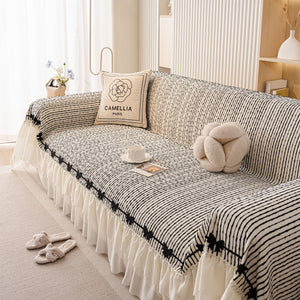 Ruffled Sofa Cover with Bowknot Decor, French Country Style Skirted Couch Slipcover