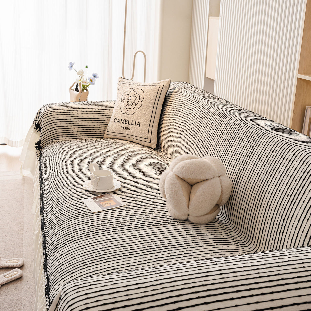 Ruffled Sofa Cover with Bowknot Decor, French Country Style Skirted Couch Slipcover