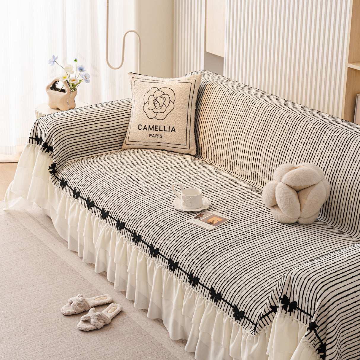 Ruffled Sofa Cover with Bowknot Decor, French Country Style Skirted Couch Slipcover