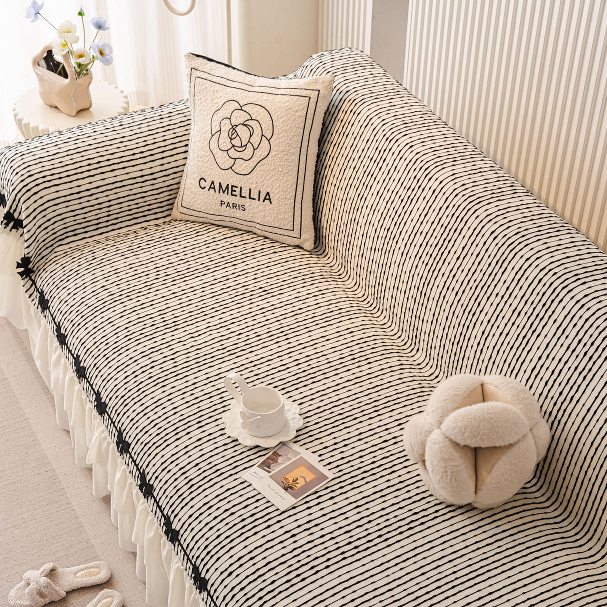 Ruffled Sofa Cover with Bowknot Decor, French Country Style Skirted Couch Slipcover