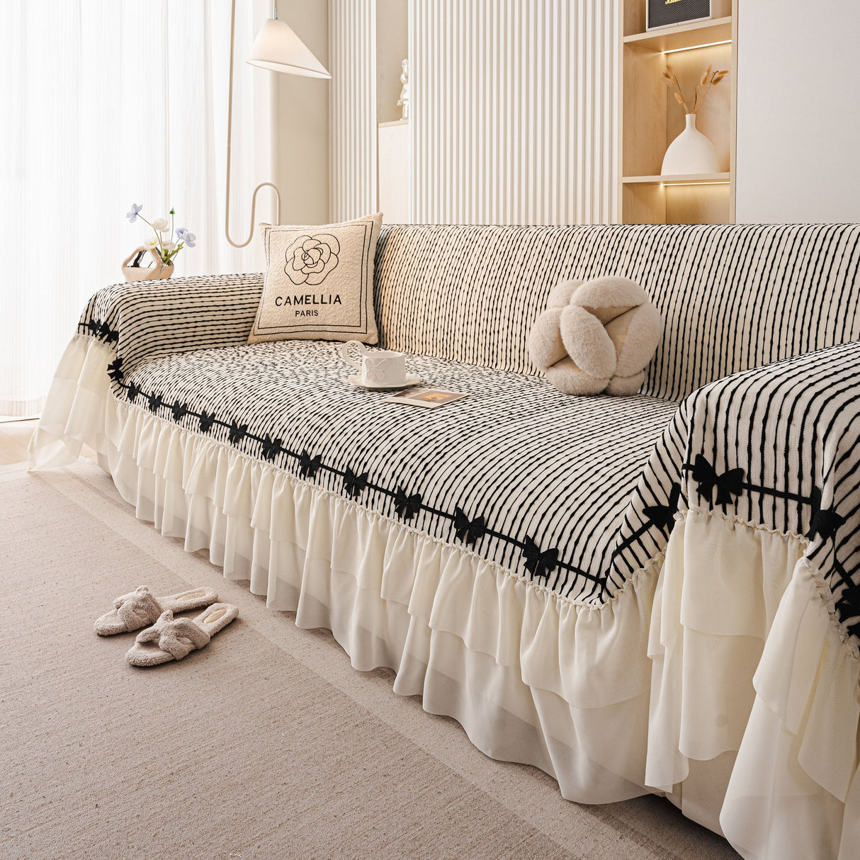 Ruffled Sofa Cover with Bowknot Decor, French Country Style Skirted Couch Slipcover