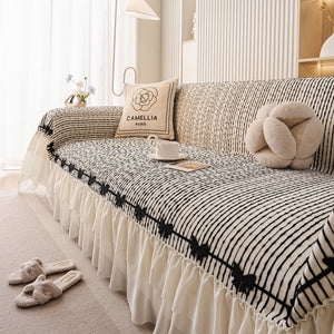 Ruffled Sofa Cover with Bowknot Decor, French Country Style Skirted Couch Slipcover