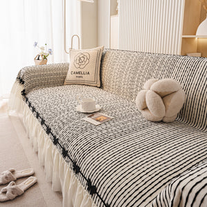 Ruffled Sofa Cover with Bowknot Decor, French Country Style Skirted Couch Slipcover