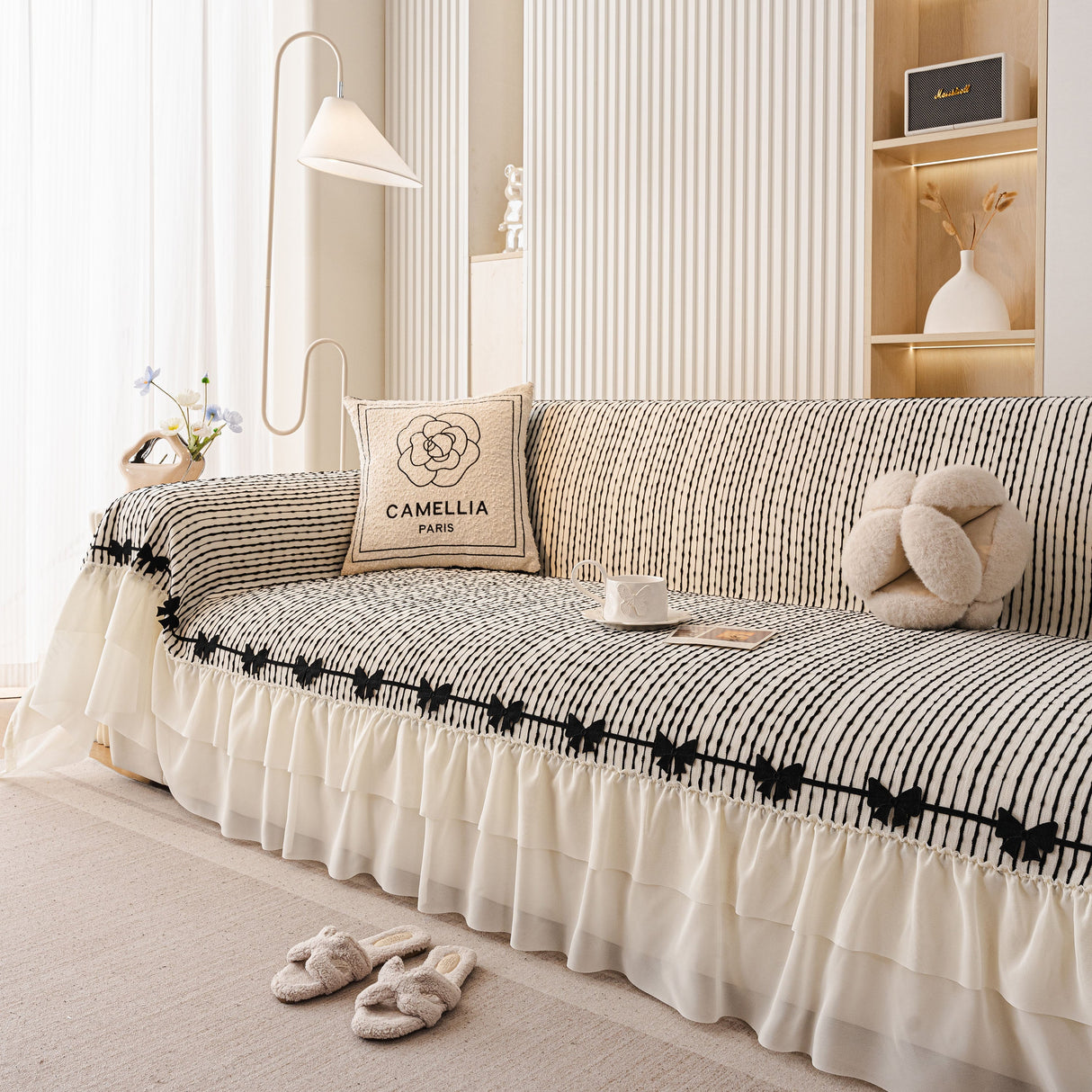 Ruffled Sofa Cover with Bowknot Decor, French Country Style Skirted Couch Slipcover