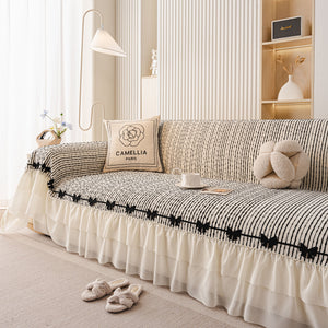 Ruffled Sofa Cover with Bowknot Decor, French Country Style Skirted Couch Slipcover