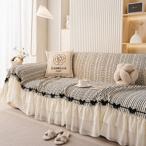 Ruffled Sofa Cover with Bowknot Decor, French Country Style Skirted Couch Slipcover