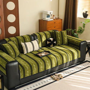 Non-Slip Sofa Cover with Thick Chenille Texture Woven Stripe Couch Protector Throw